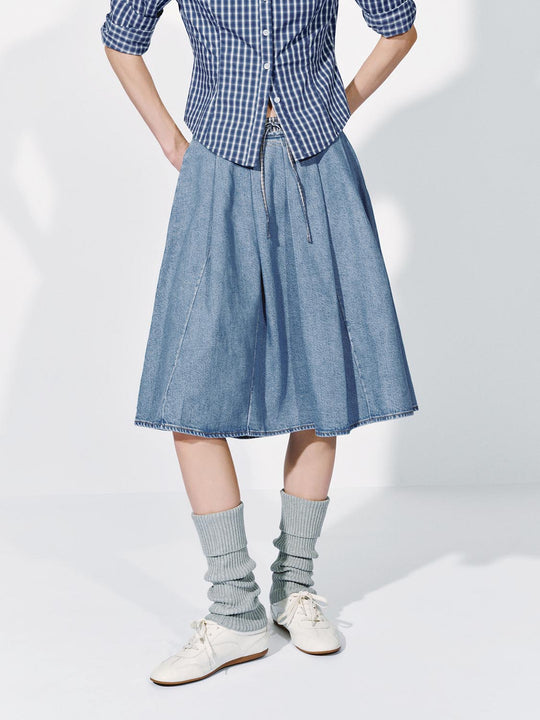 Contrast Trim Drawstring Pleated Denim Midi Skirts