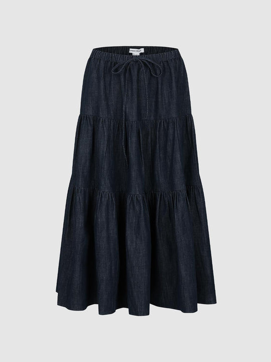 Tiered Ruffle Trim Denim Midi Skirts
