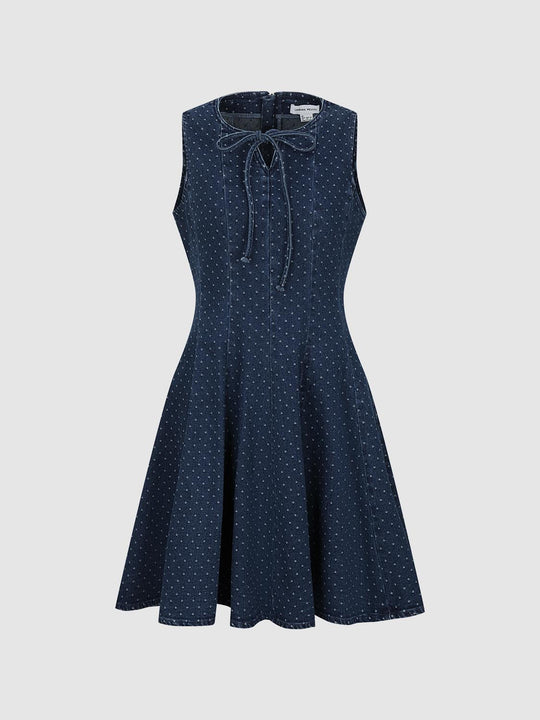 Polka Dotted Seamed Sleeveless Denim Midi Dresses