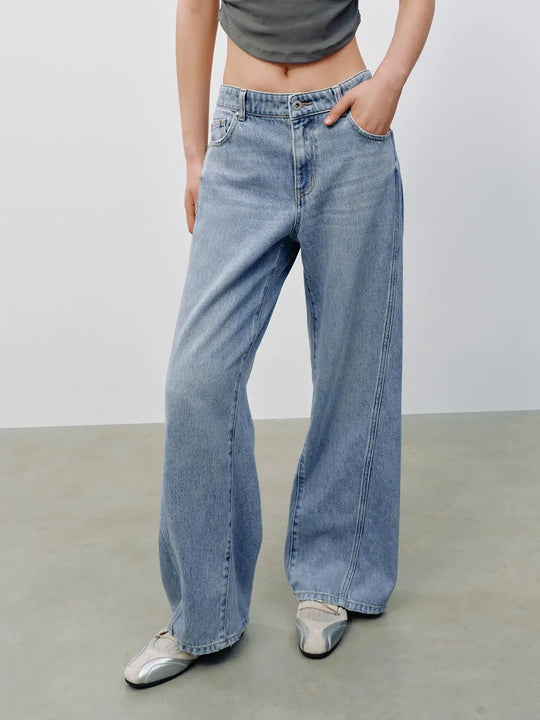 Cotton Lyocell Seamed Wide Leg Casual Jeans
