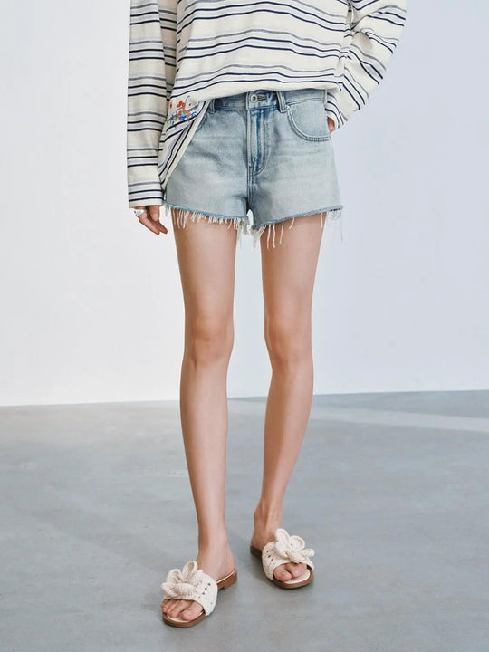 Cotton Denim Raw Hem Frayed Edge Distressed Shorts