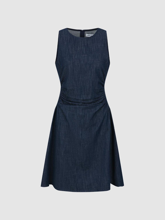 Sleeveless Ruched Waist Denim Midi Dresses