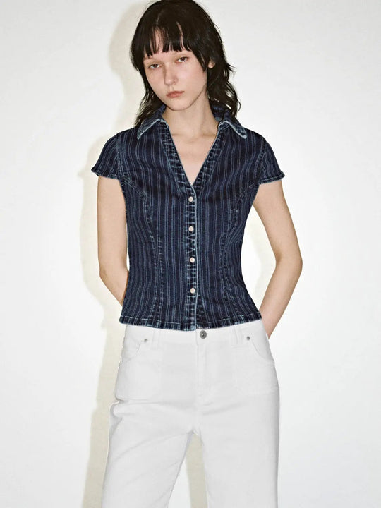 Striped Button Up Short Sleeve Denim Shirts