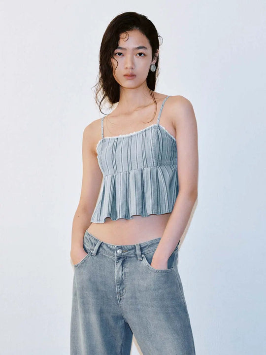 Striped Strappy Pleated Denim Shirts