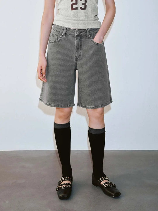 Knee Length Wide Leg Stretch Cotton Denim Shorts