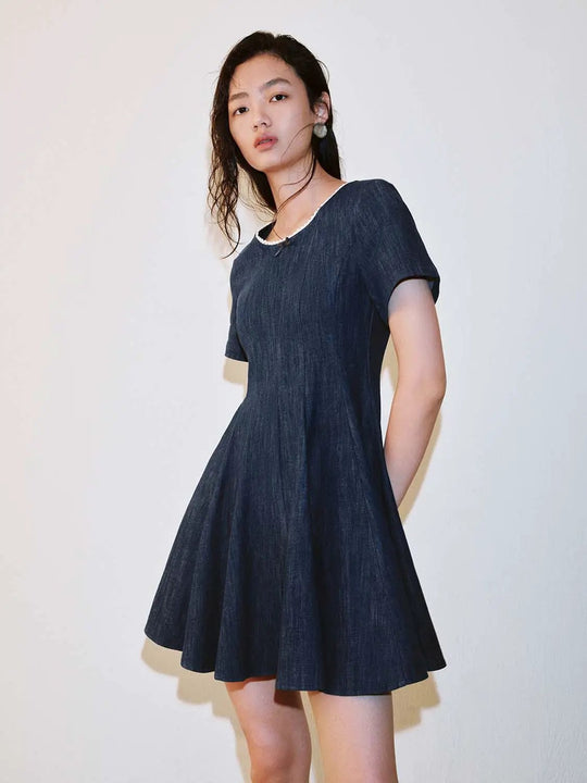 Denim Pleated Short Sleeve Midi Dress