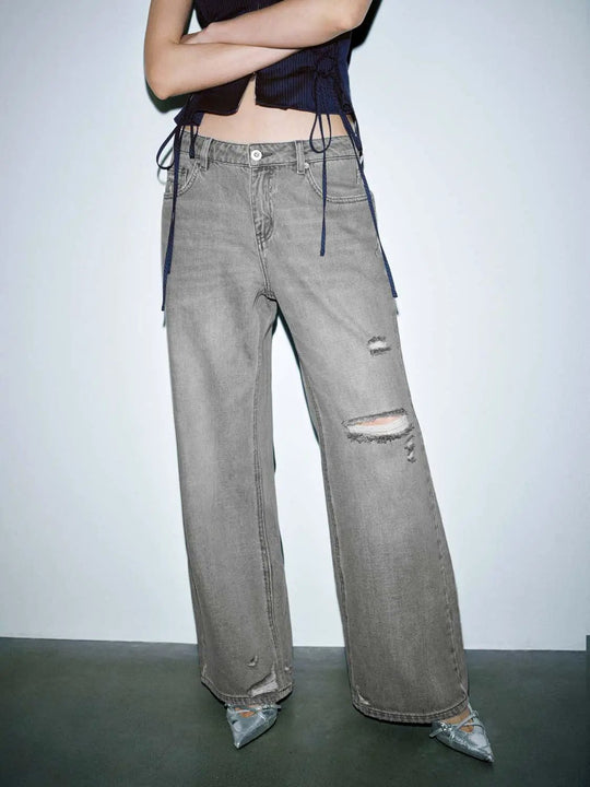 Textured Raw Detail Wide Leg Cotton Jeans