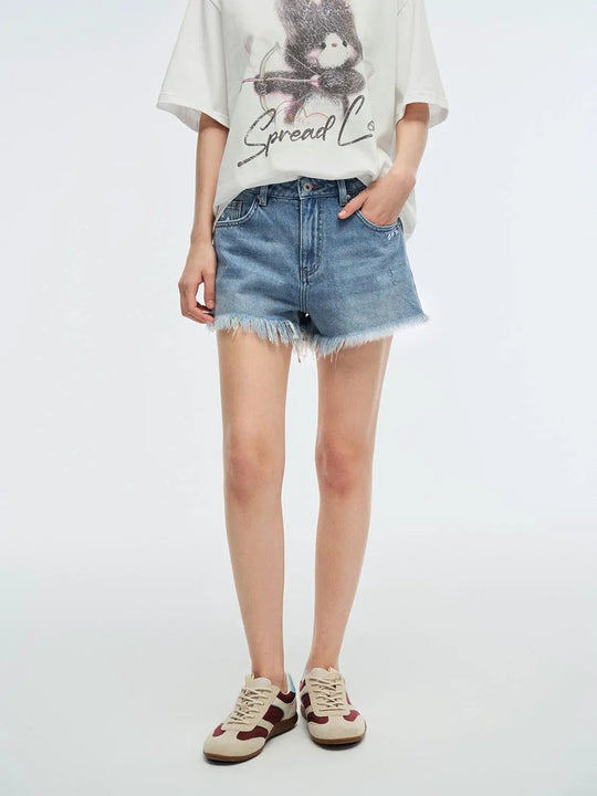 Cotton Denim Frayed Hem Front Pocket Shorts