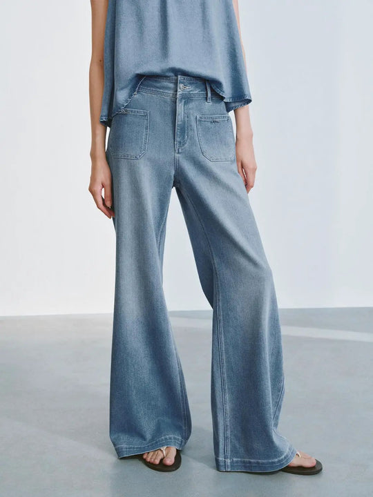 Patch Pocket Jeans With Stitch Detail And Flare Leg