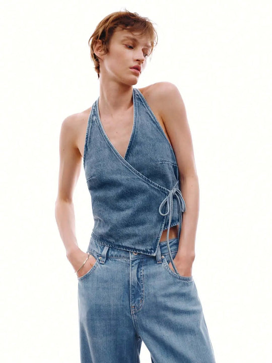Denim Halter Neck Tie Up Sleeveless Shirts