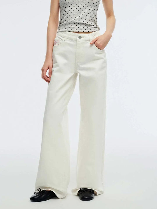 Fine Embroidered Cotton Straight Leg Jeans