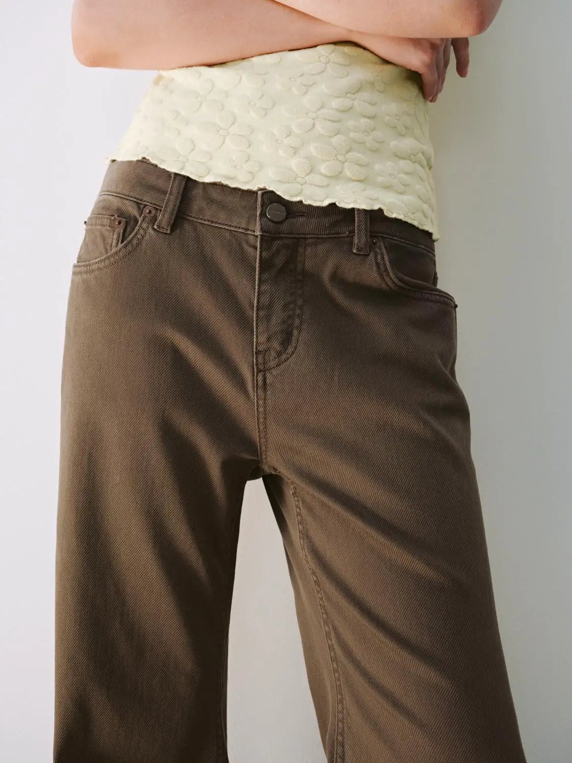 Casual wide-leg cotton-lyocell blend pants in brown, high-waisted with belt loops