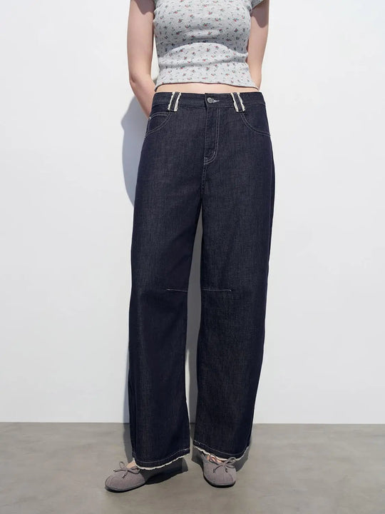 High Waisted Wide-leg Washed Cotton Jeans