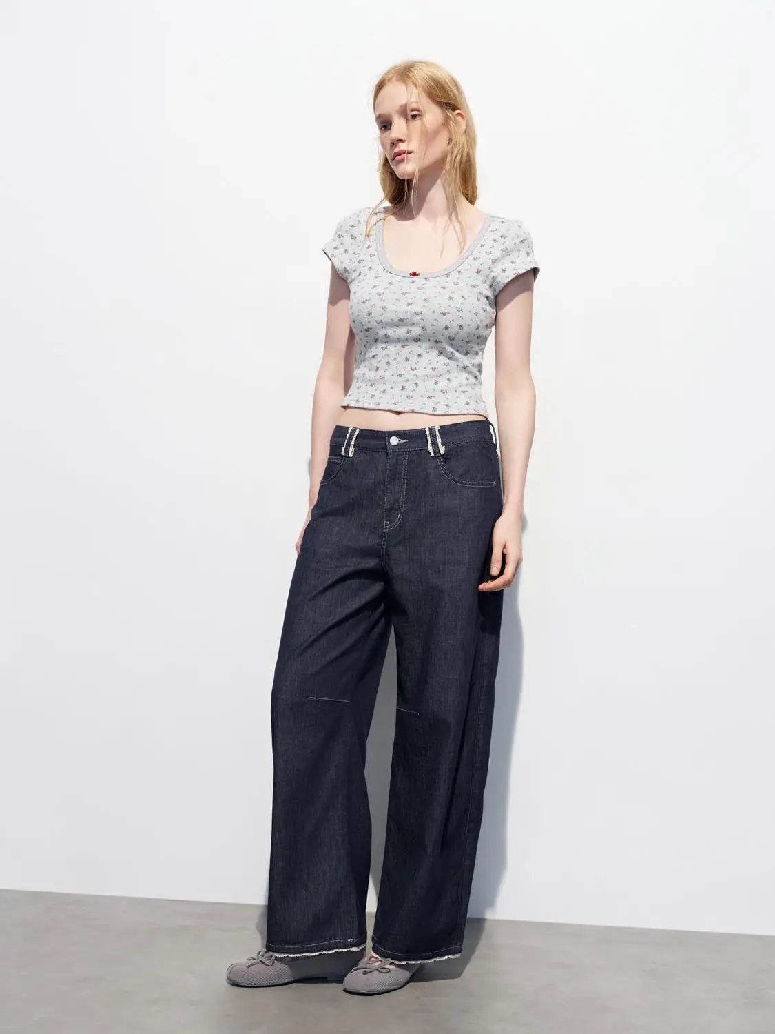 High Waisted Wide-leg Washed Cotton Jeans, dark indigo, Urban Revivo Fashion