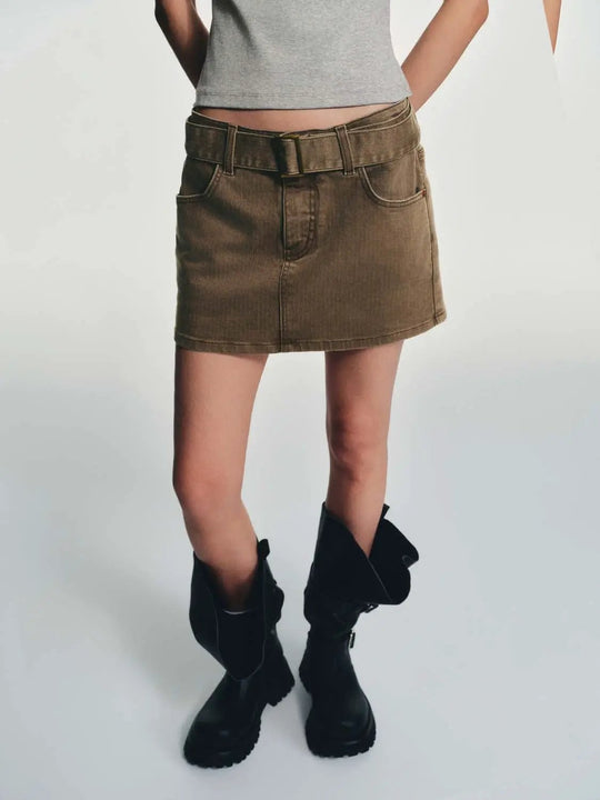 Belted Buckled Denim Mini Skirt