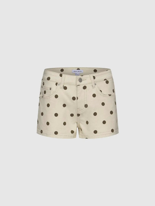 Beige Cotton Elastane Polka Dot Stretch Denim Shorts
