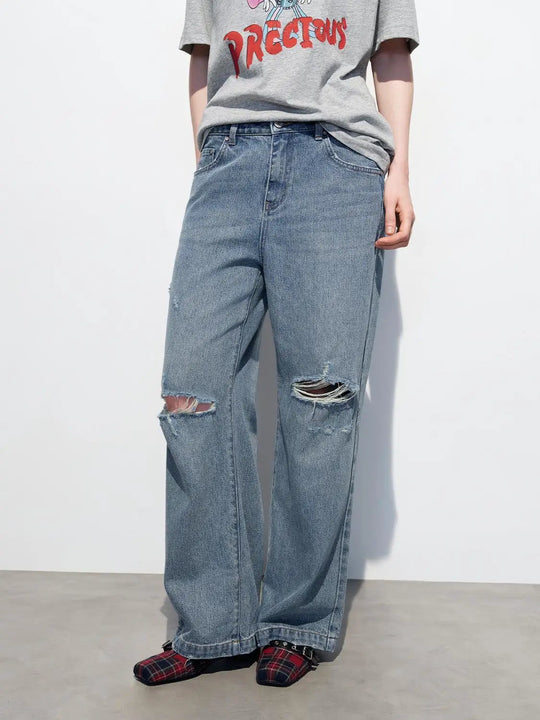 Relaxed Fit Ripped Wide-leg Distressed Jeans