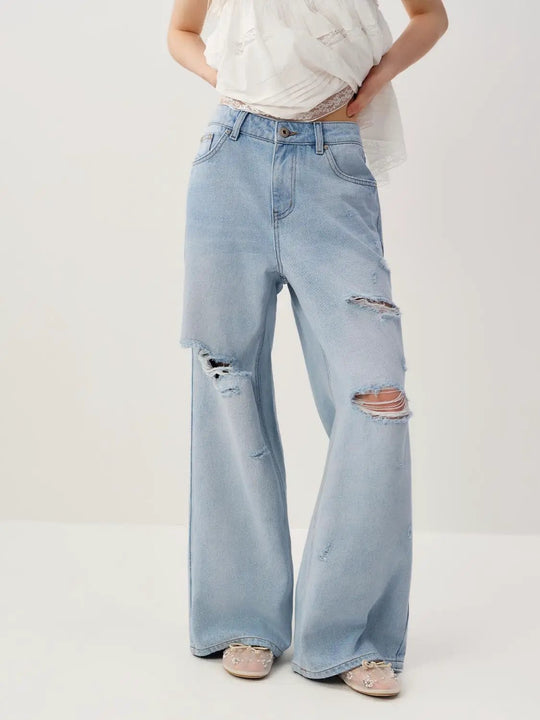 High Waisted Distressed Wide-leg Cotton Jeans