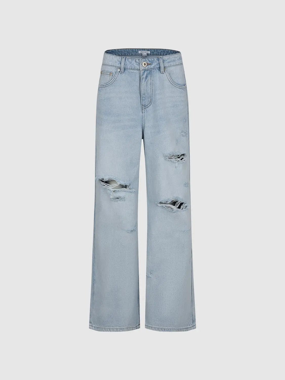 High-waisted distressed wide-leg cotton jeans, Urban Revivo Fashion in light blue denim