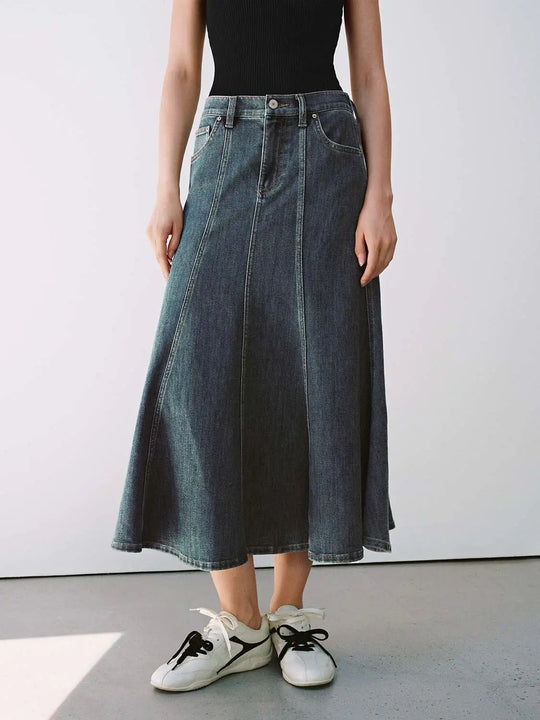 Cotton Textured Panel Seams Midi Skirt