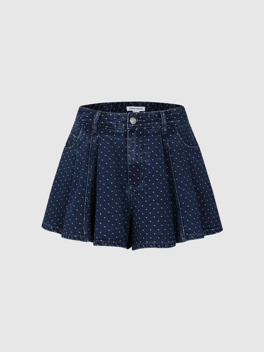 Cotton Small Polka Dot Pleated Denim Mini Skirt