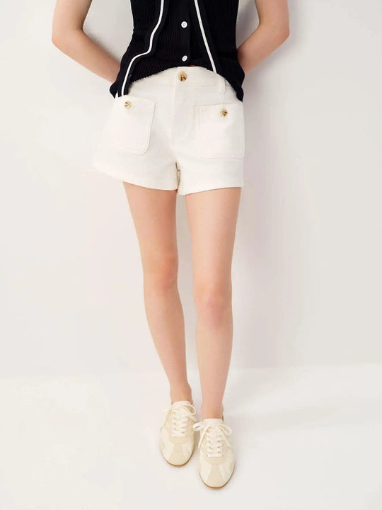 Denim Medium-Stretch Front Patch Pockets With Button Details And Clean Silhouette Shorts