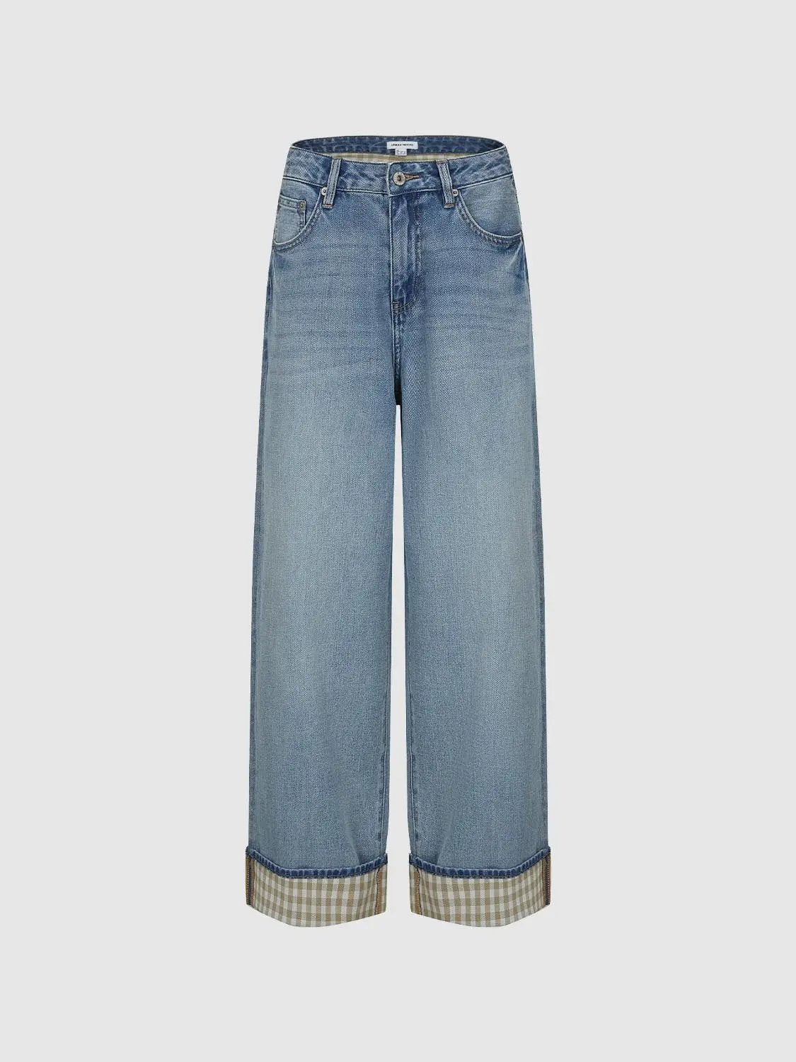 Light-wash wide-leg cotton-lyocell blend jeans by Urban Revivo Fashion with gingham cuffs.