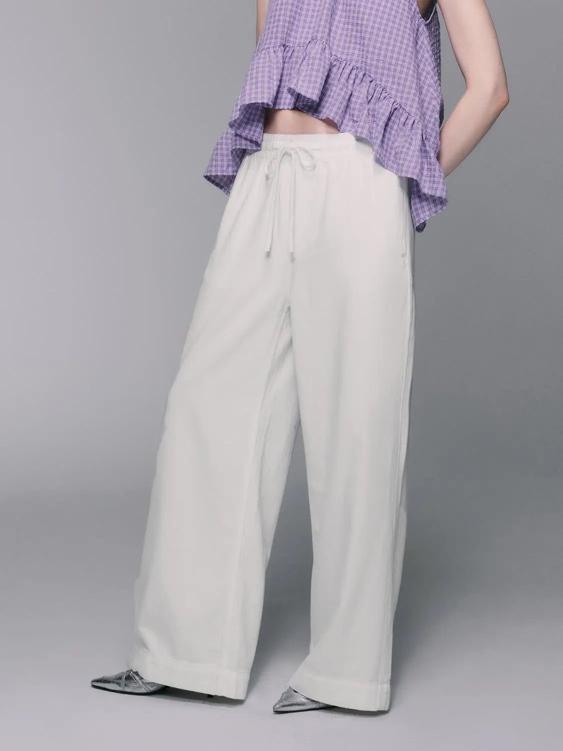 Relaxed elastic-waist cotton wide-leg pants, white, Urban Revivo Fashion