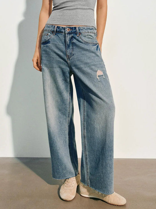 Distressed High-waisted Wide-leg Jeans