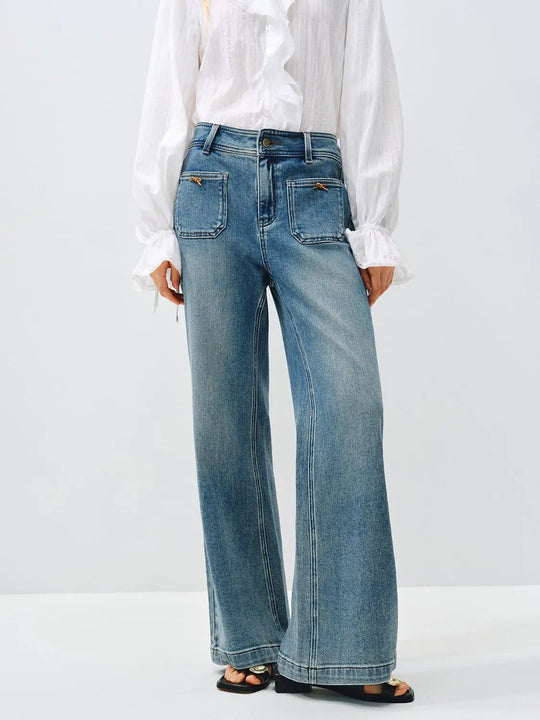 Wide-leg Cotton Jeans With Patch Pockets Detail