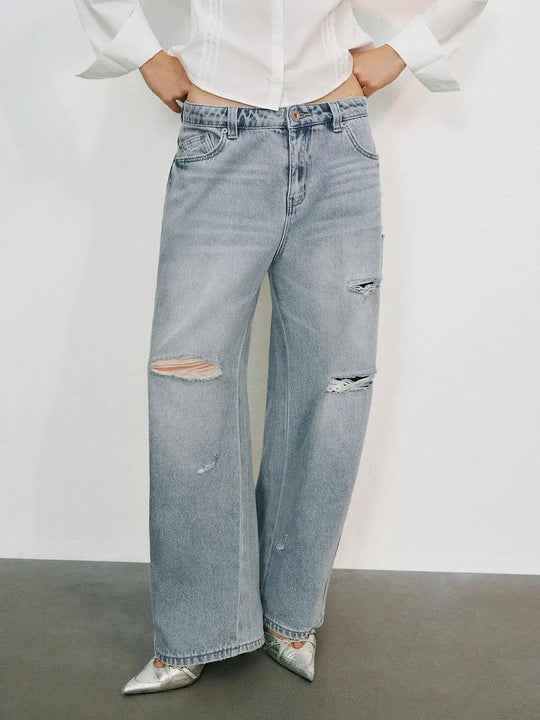 Distressed Ripped Wide-leg Cotton Straight Jeans