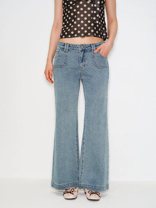 Wide-leg Polka Dot Mid-rise Slight Stretch Cotton Jeans