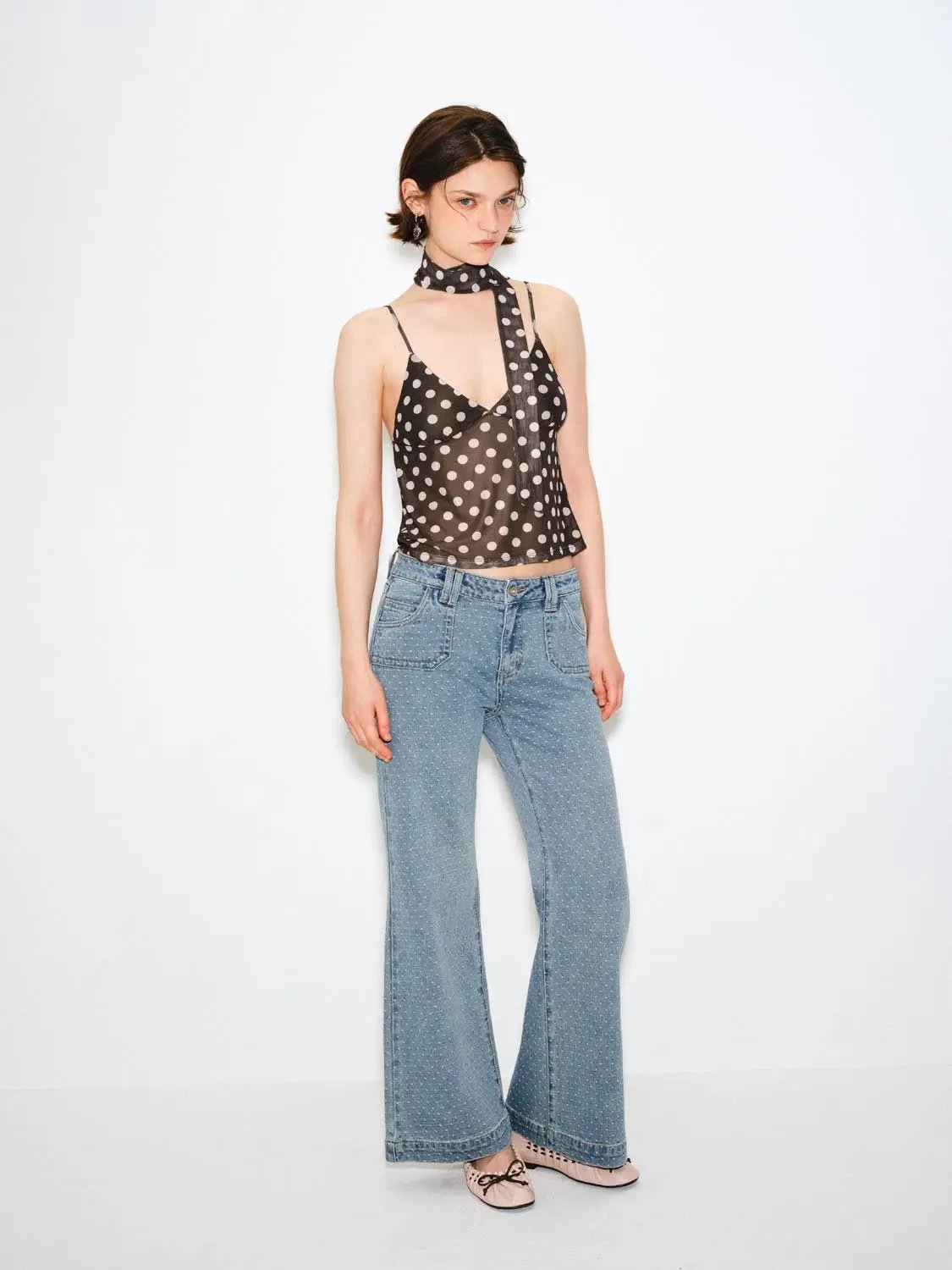 Wide-leg polka-dot mid-rise cotton jeans with slight stretch in light blue