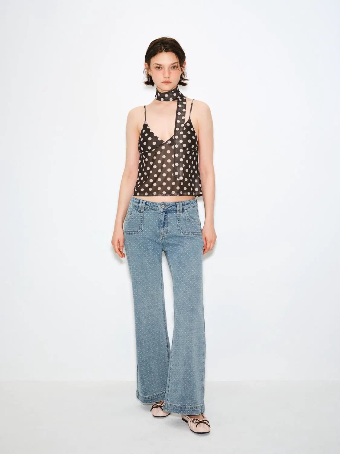 Wide-leg polka-dot mid-rise jeans in light-blue denim with slight stretch