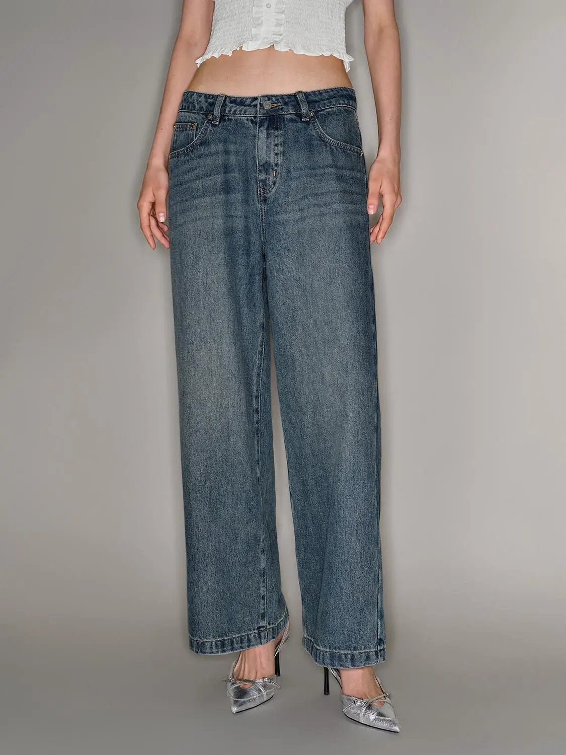 Jeans, blue denim wide-leg high-waisted, Urban Revivo Fashion.