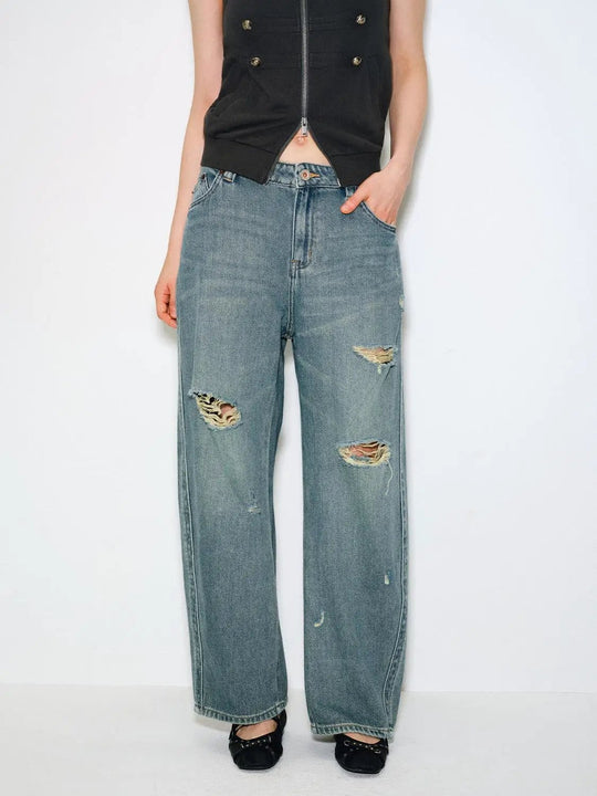 Distressed Wide-leg Light Wash Cotton Jeans