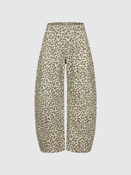 Cotton Leopard Print Subtle Texture Slight Stretch Medium Thickness Wide-Leg Trousers