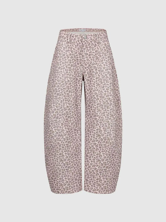 100% Cotton Leopard Print Wide-Leg Silhouette With Front Seam Details Non-Stretch Pants
