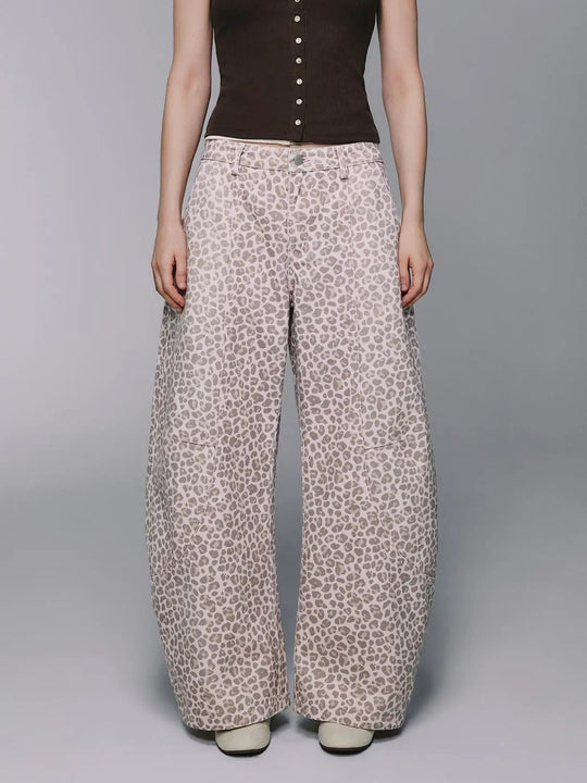 100% Cotton Leopard Print Wide-Leg Silhouette With Front Seam Details Non-Stretch Pants