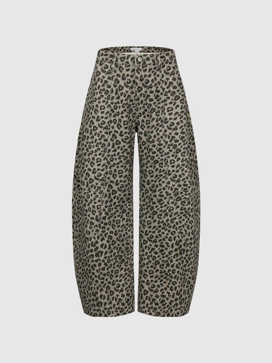 Leopard Print Denim Wide-leg Pants with Patch Pockets