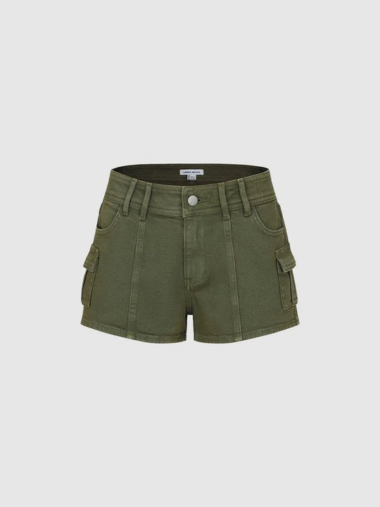 Olive Cargo Pockets With Belt Loops Cotton Shorts