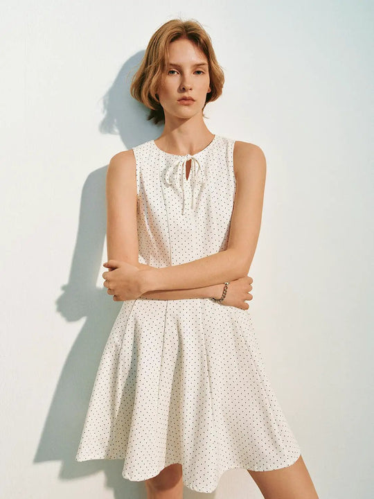Tie Neck Polka Dot A-line Lyocell Cotton Blend Dress