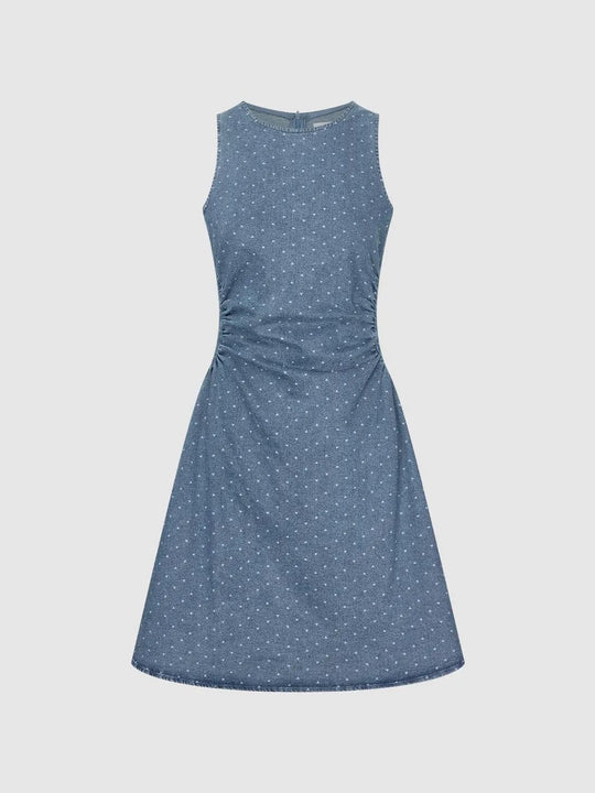 Ruched Sleeveless Polka Dot Cotton Dress