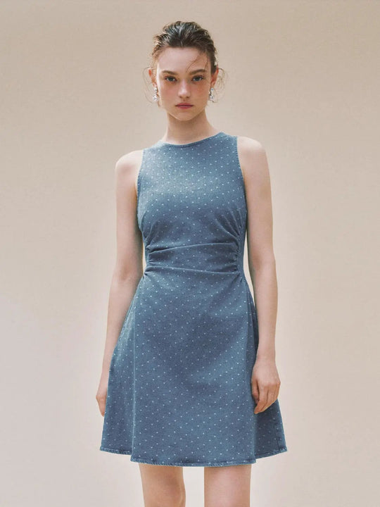 Ruched Sleeveless Polka Dot Cotton Dress