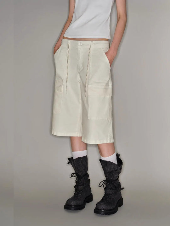 Drawstring Waist Pocket Relaxed Cotton Cargo Bermuda Shorts