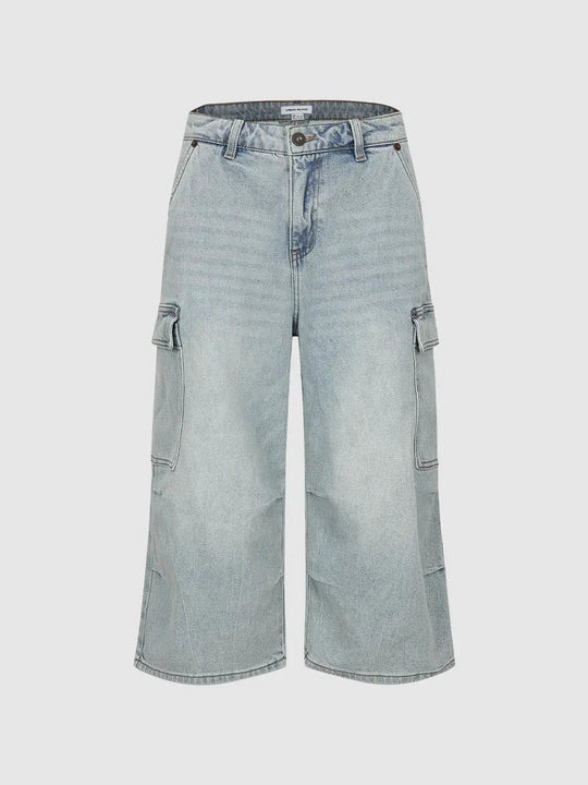 Jean cargo en mélange de coton délavé clair à jambes larges