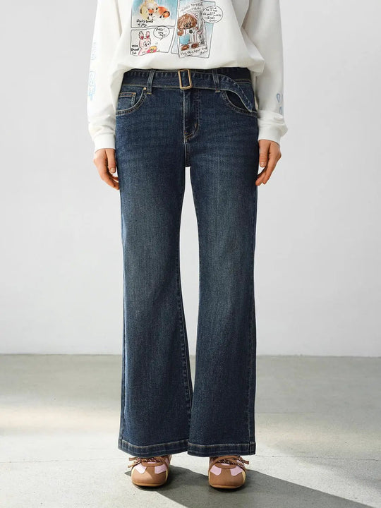 Belted Wide-leg High-waisted Cotton Blend Jeans