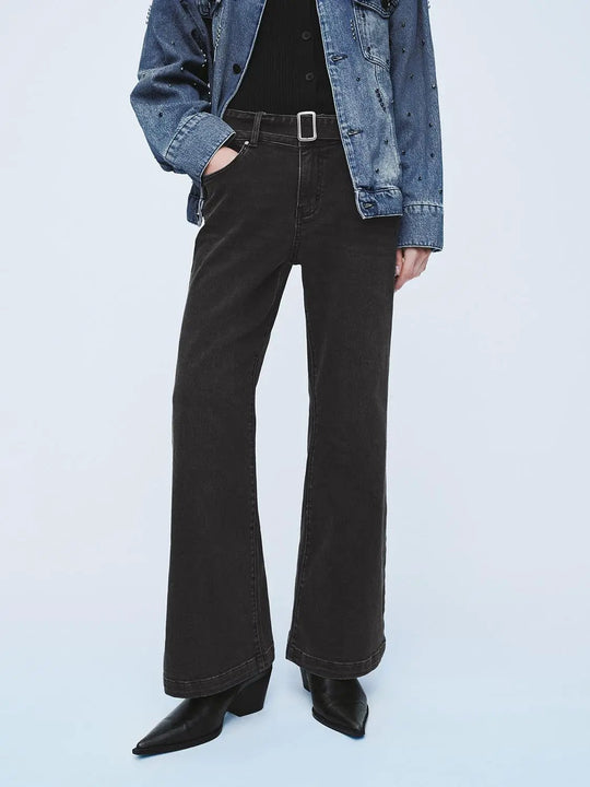 Jean en mélange de coton extensible, taille haute et jambes larges