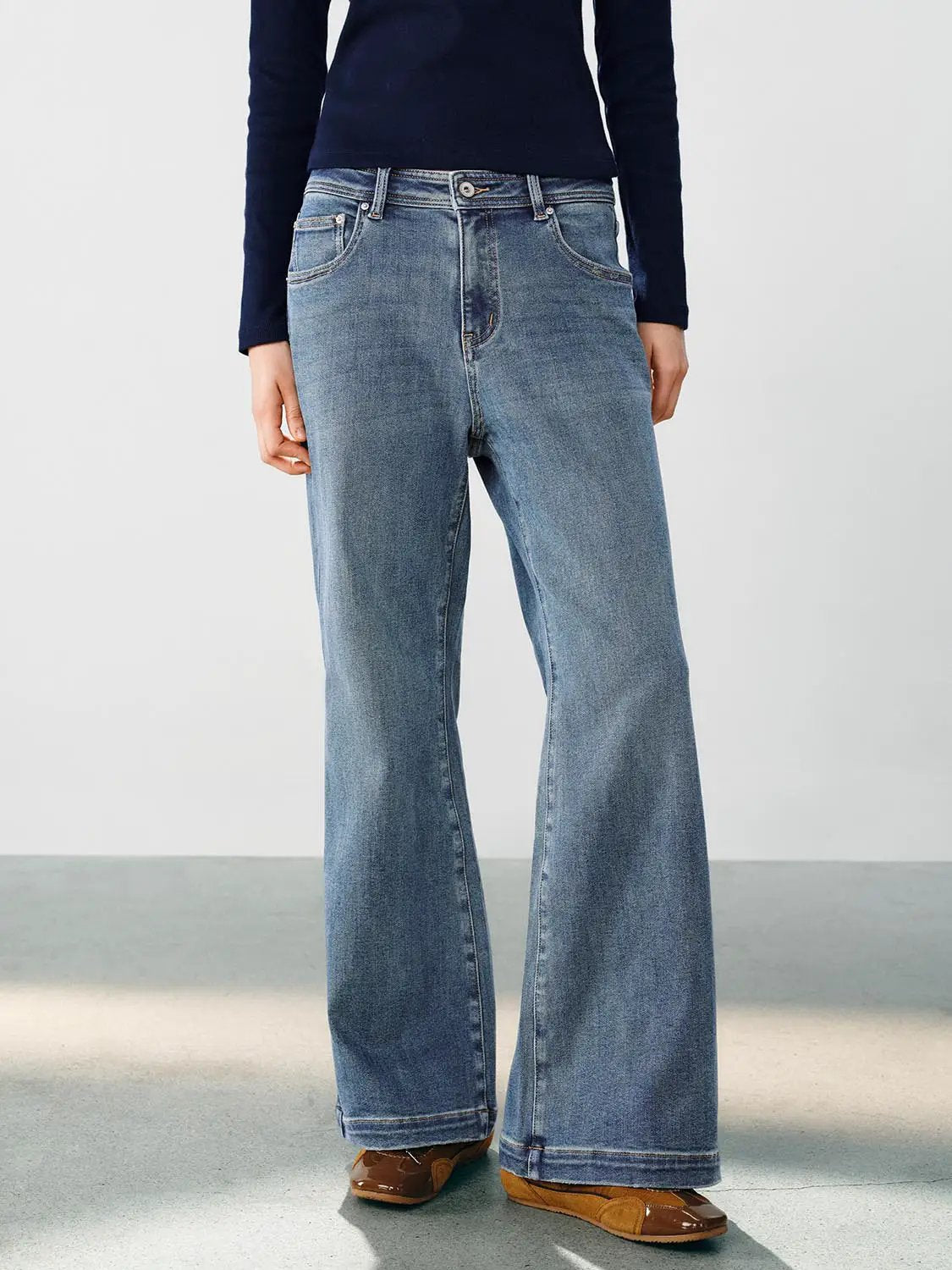 Faded Blue Wide-leg High-waisted Cotton-Blend Jeans
