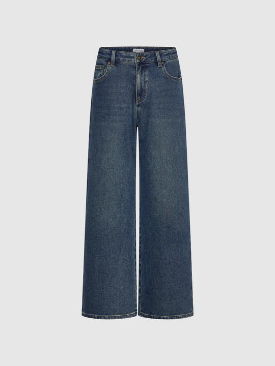 Medium Wash Mid-rise Wide-leg Cotton Blend Regular Straight Denim Jeans